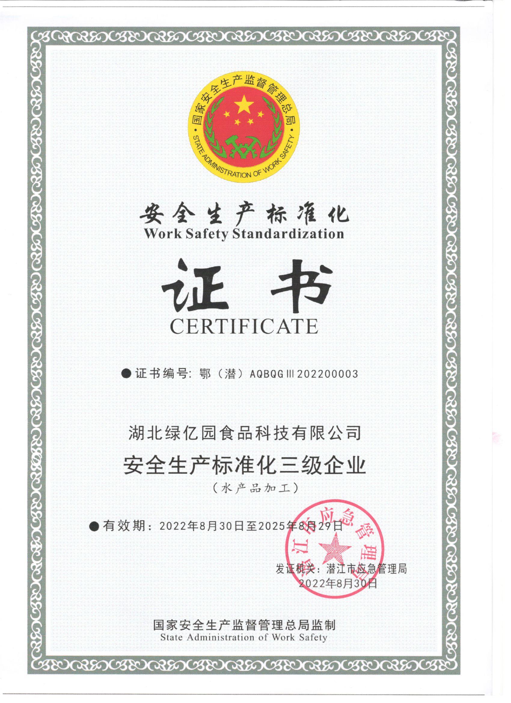 安全生产标准化证书